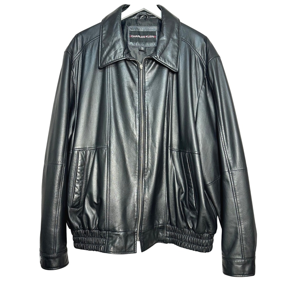 Vintage Charles Klein Mens Black Leather Bomber Jacket XXL Full Zip Outerwear
